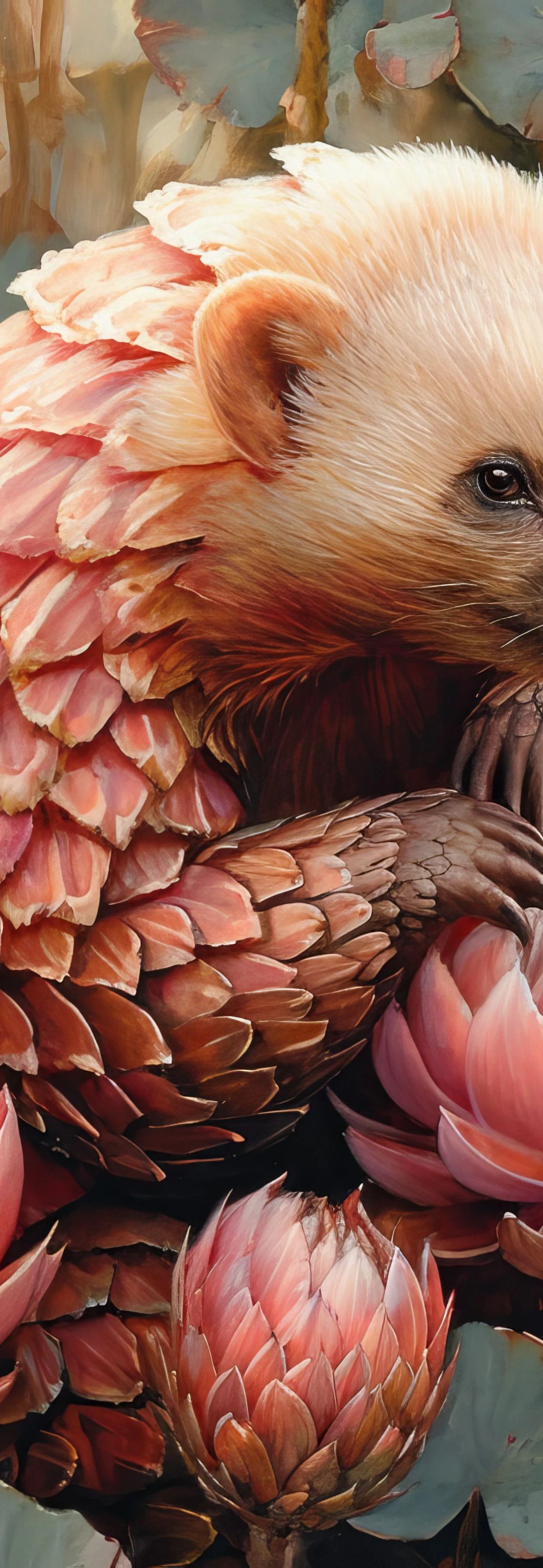A white possum with feathered wings in shades of pink and coral, nestled among vibrant pink protea flowers in a soft, painterly style