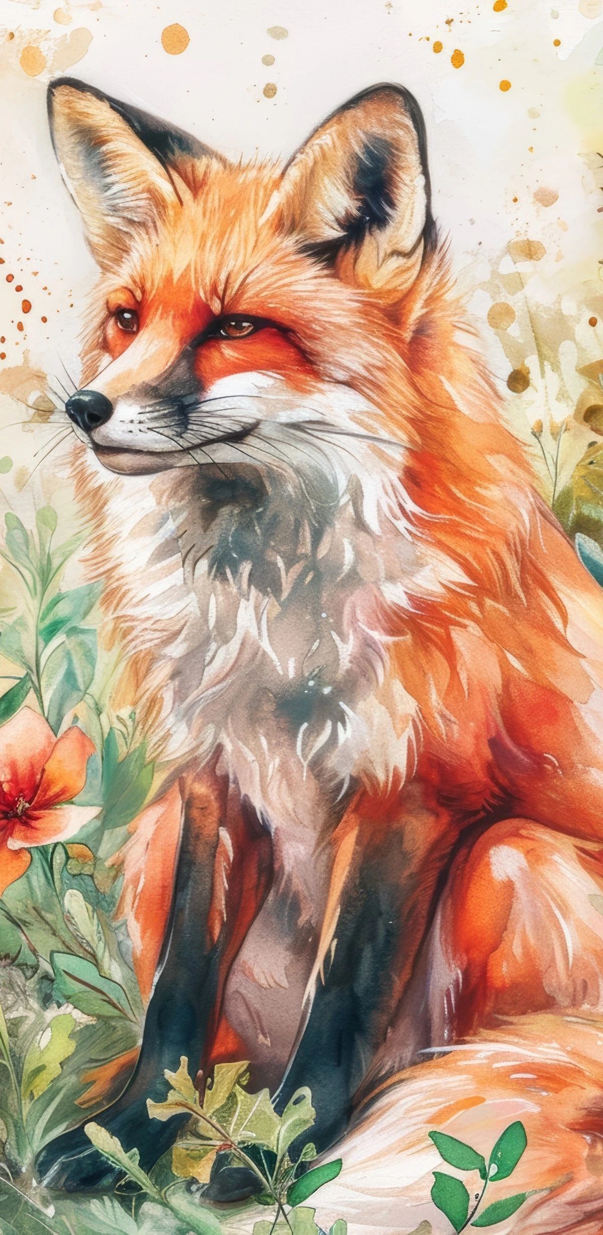 A watercolor painting of a red fox with striking eyes, surrounded by wildflowers, green foliage, and botanical sprigs in soft, muted tones