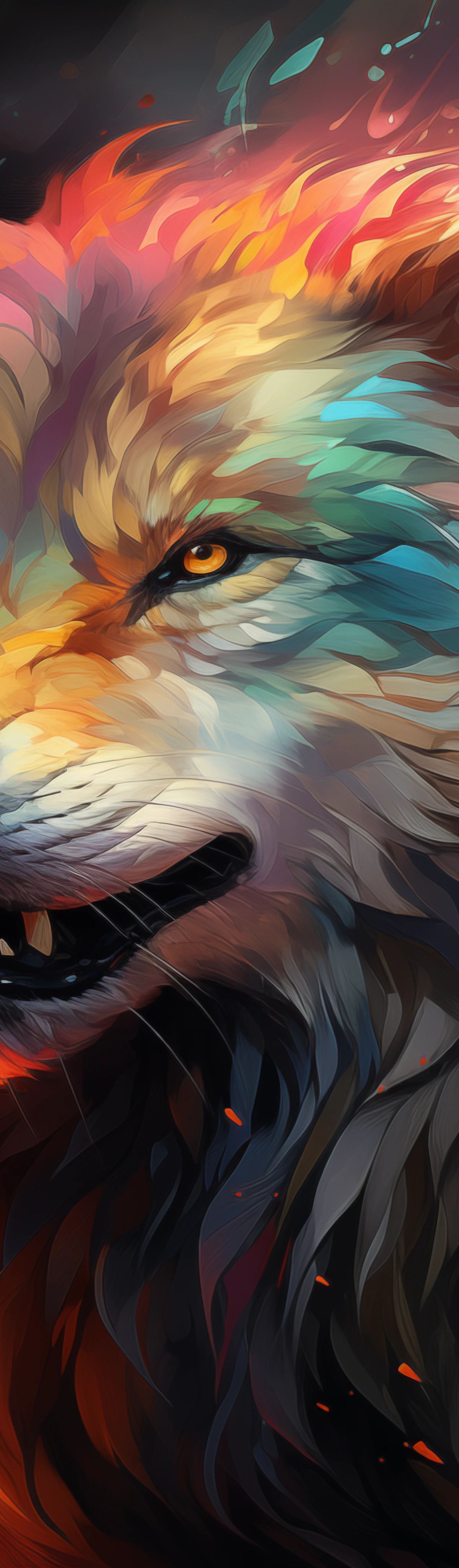 A digital portrait of a wolf with vibrant, flowing fur in shades of orange, yellow, red, and blue, set against a glowing, colorful background with swirling light effects