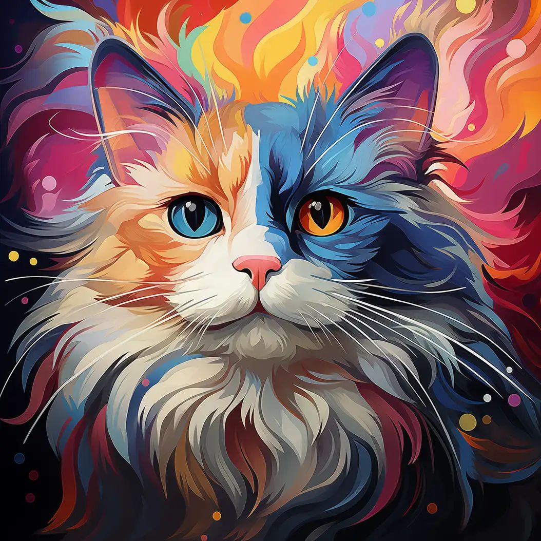 Artistic colorful illustration of a Ragdoll cat with soft fur and vivid abstract background.