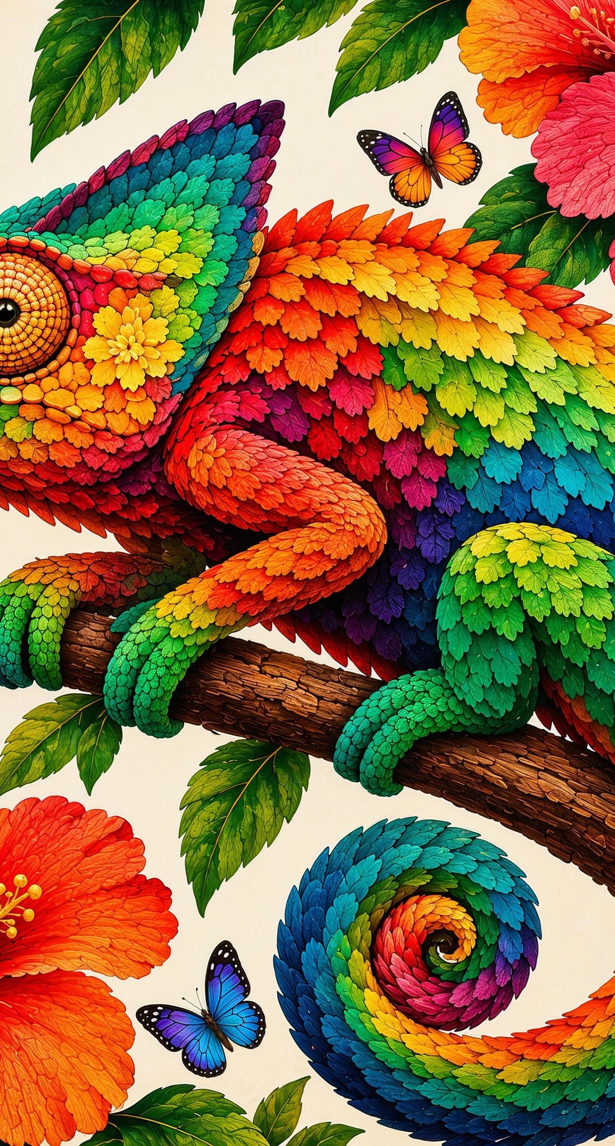 A highly detailed, colorful chameleon with rainbow-gradient scales on a brown branch, surrounded by red and orange hibiscus flowers, green leaves, and butterflies against a cream background