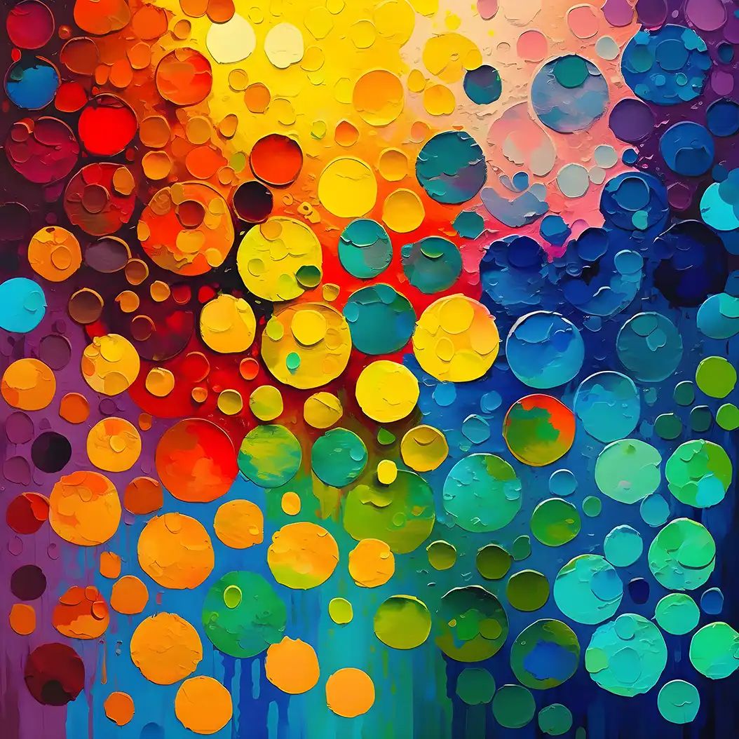 Bright abstract composition of colorful rainbow dots and circles with vibrant layered textures.