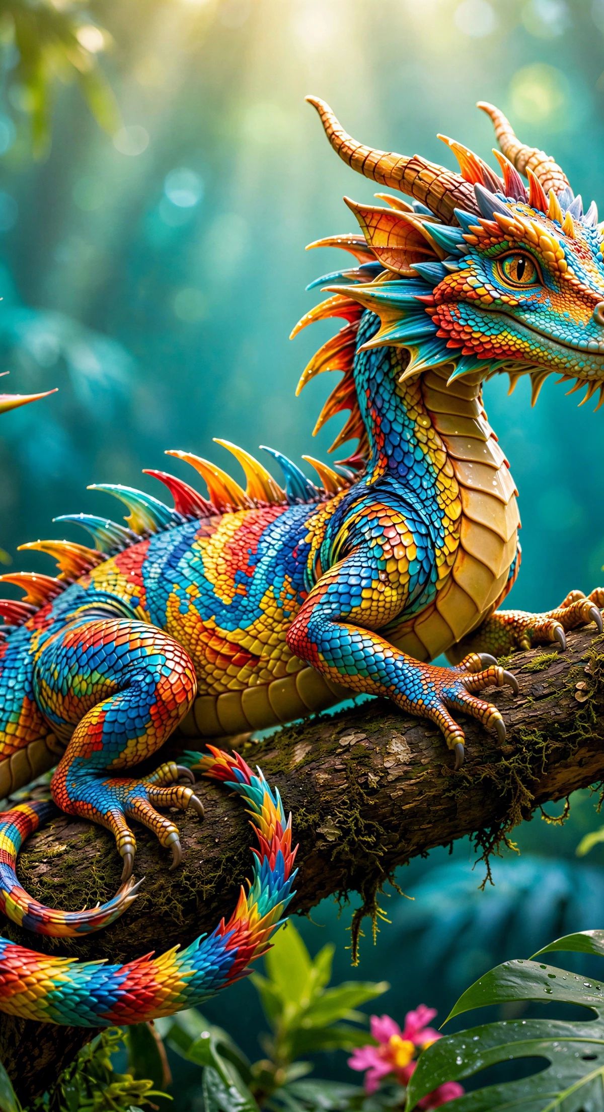 A colorful fantasy dragon with rainbow scales sitting on a branch among tropical flowers and green jungle foliage in a sunlit forest setting