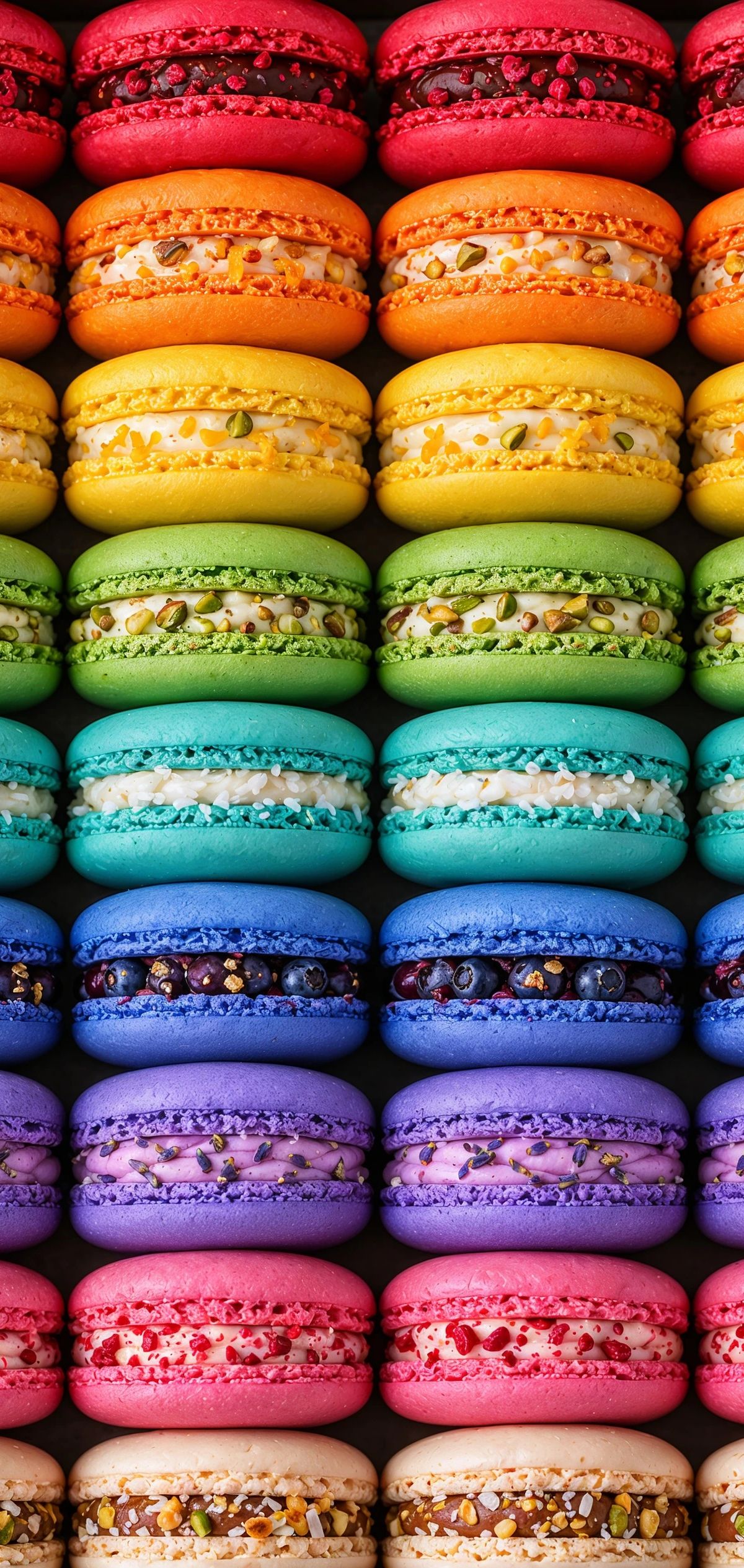 Grid of colorful French macarons arranged in horizontal rows by color, from red at top to beige at bottom, each with piped filling between two shells