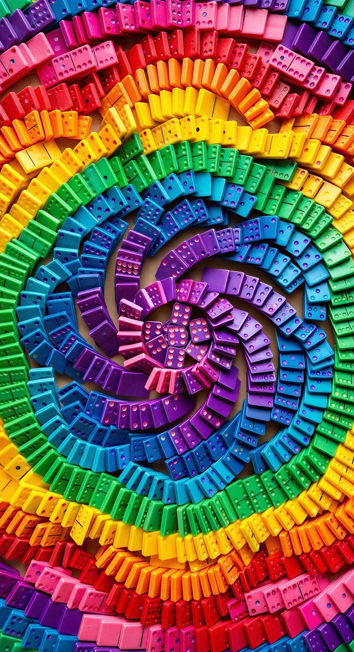 A spiral arrangement of colorful plastic building bricks in rainbow colors, spiraling inward from the outer edge to the center