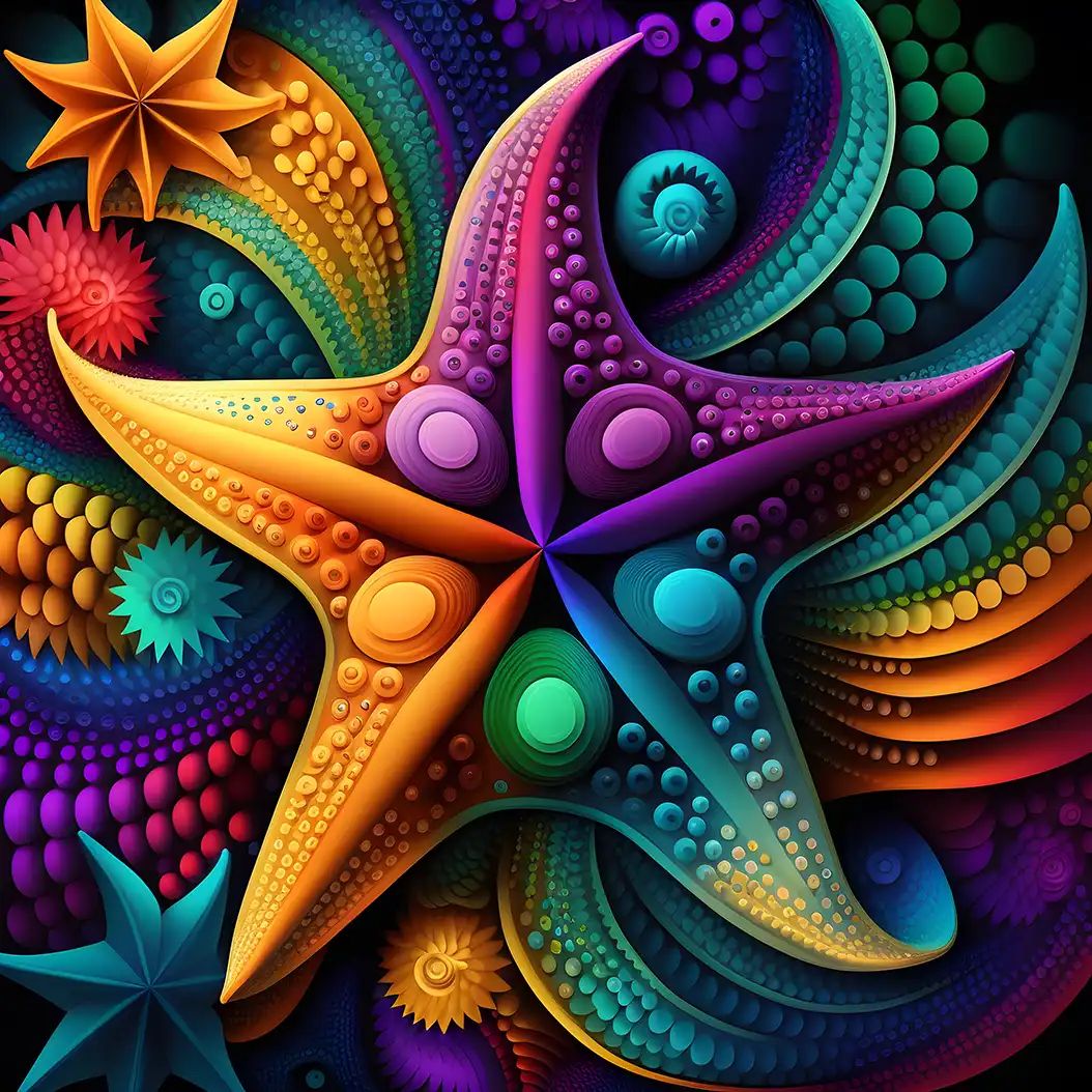 Vibrant fantasy illustration of a colorful rainbow starfish with intricate glowing patterns.