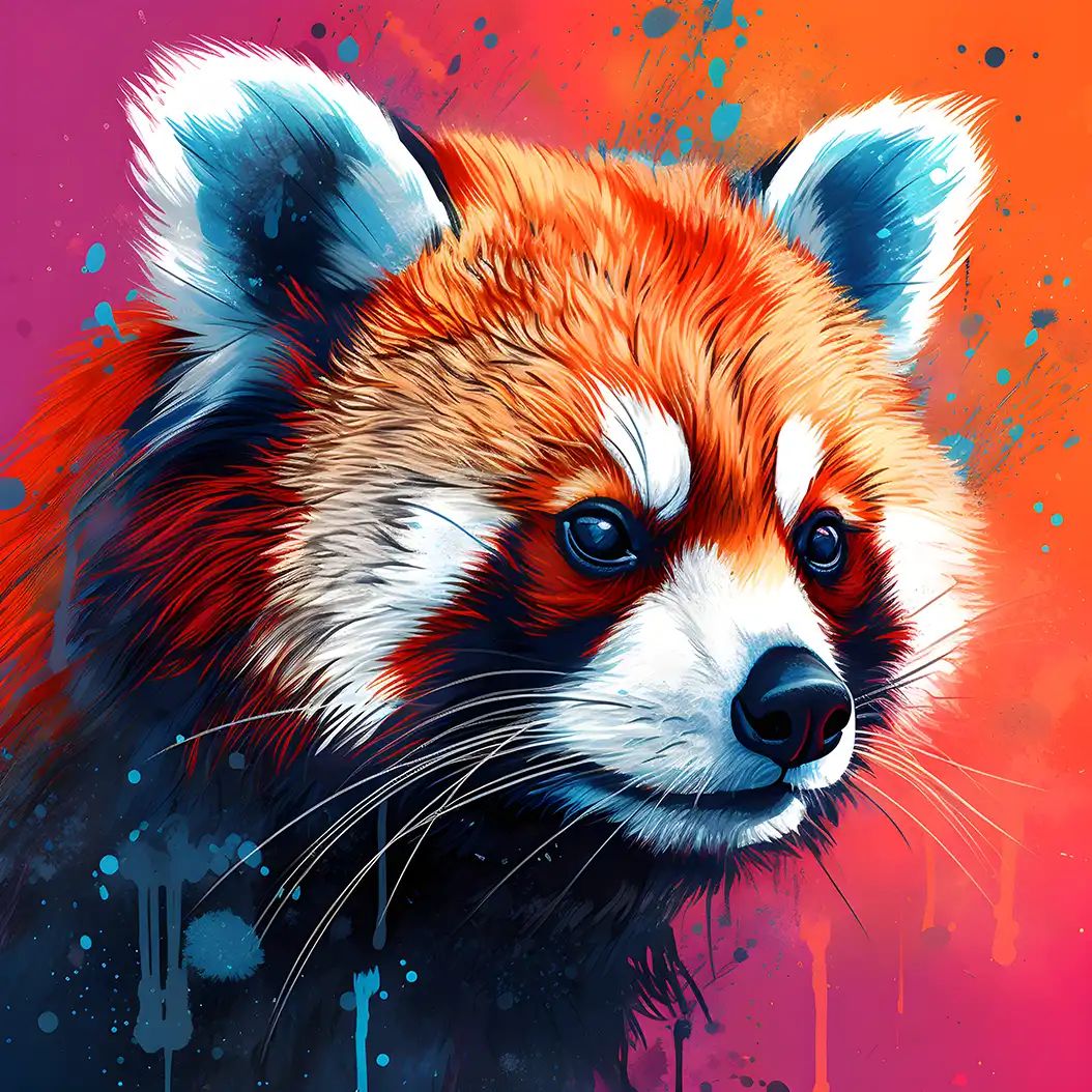 Vibrant artistic portrait of a red panda with colorful fur and glowing expressive eyes.