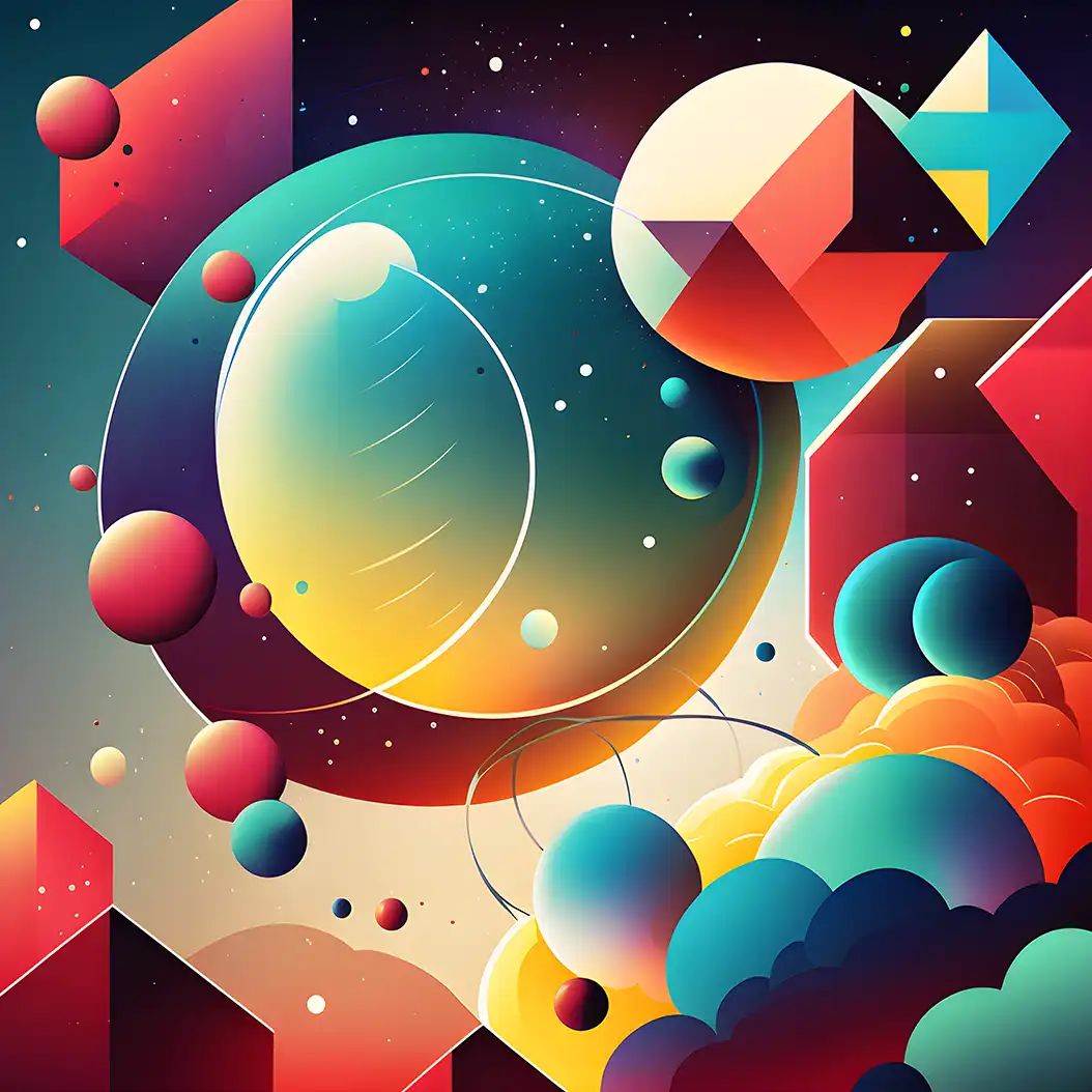 Abstract digital illustration of large gradient spheres, geometric shapes, and clustered bubble forms in red, teal, orange, and yellow against a starry dark background.