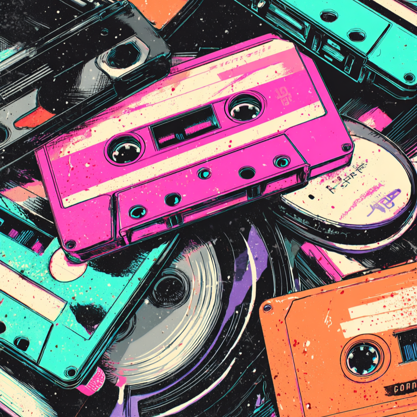 Illustrated pile of colorful retro cassette tapes in pink, teal, orange and black with a vinyl record underneath, in a pop-art splatter style.