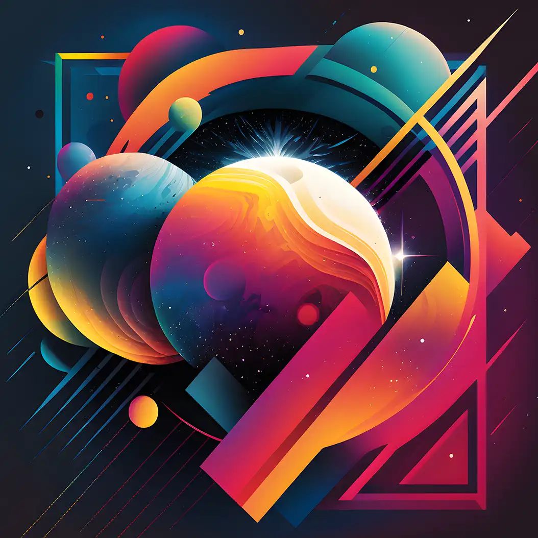 Digital illustration of layered spheres resembling planets in orange, blue, and white, surrounded by geometric bars, triangles, and arcs on a dark starry background.