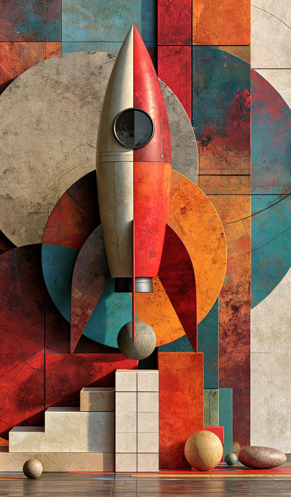 A stylized rocket ship in cream and red colors ascending through layered circular shapes and geometric tiles in red, orange, teal, and beige tones, with scattered spheres at the base
