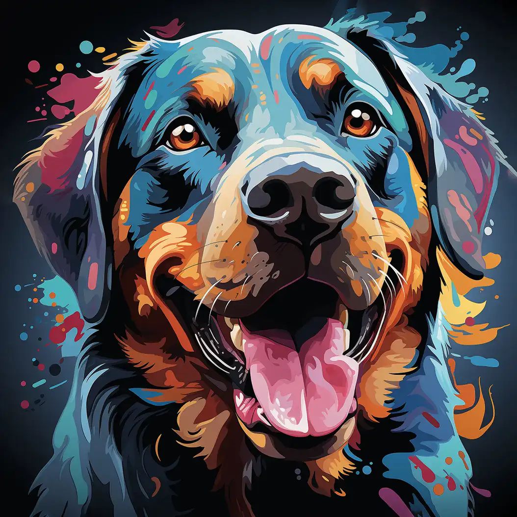 Digital illustration of a Rottweiler face in close-up with mouth open, rendered in blue, orange and pink paint-splash colours on black.