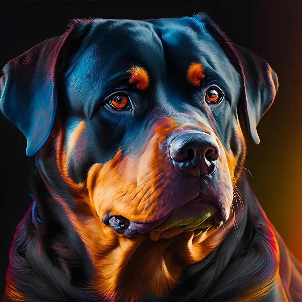 Artistic digital painting of a Rottweiler dog with vivid fur highlights and moody colorful background.