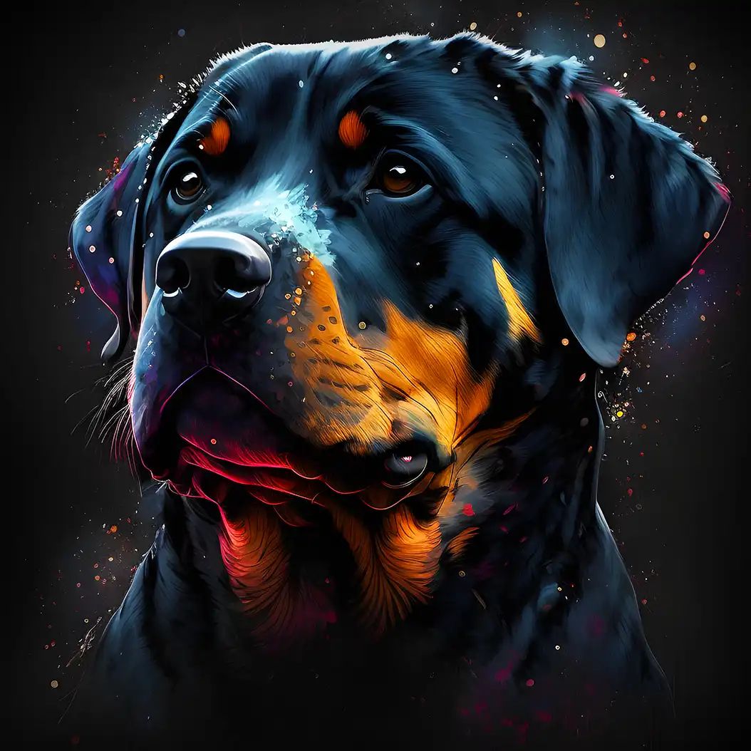 Dramatic colorful portrait of a Rottweiler dog with glowing highlights and dark background.