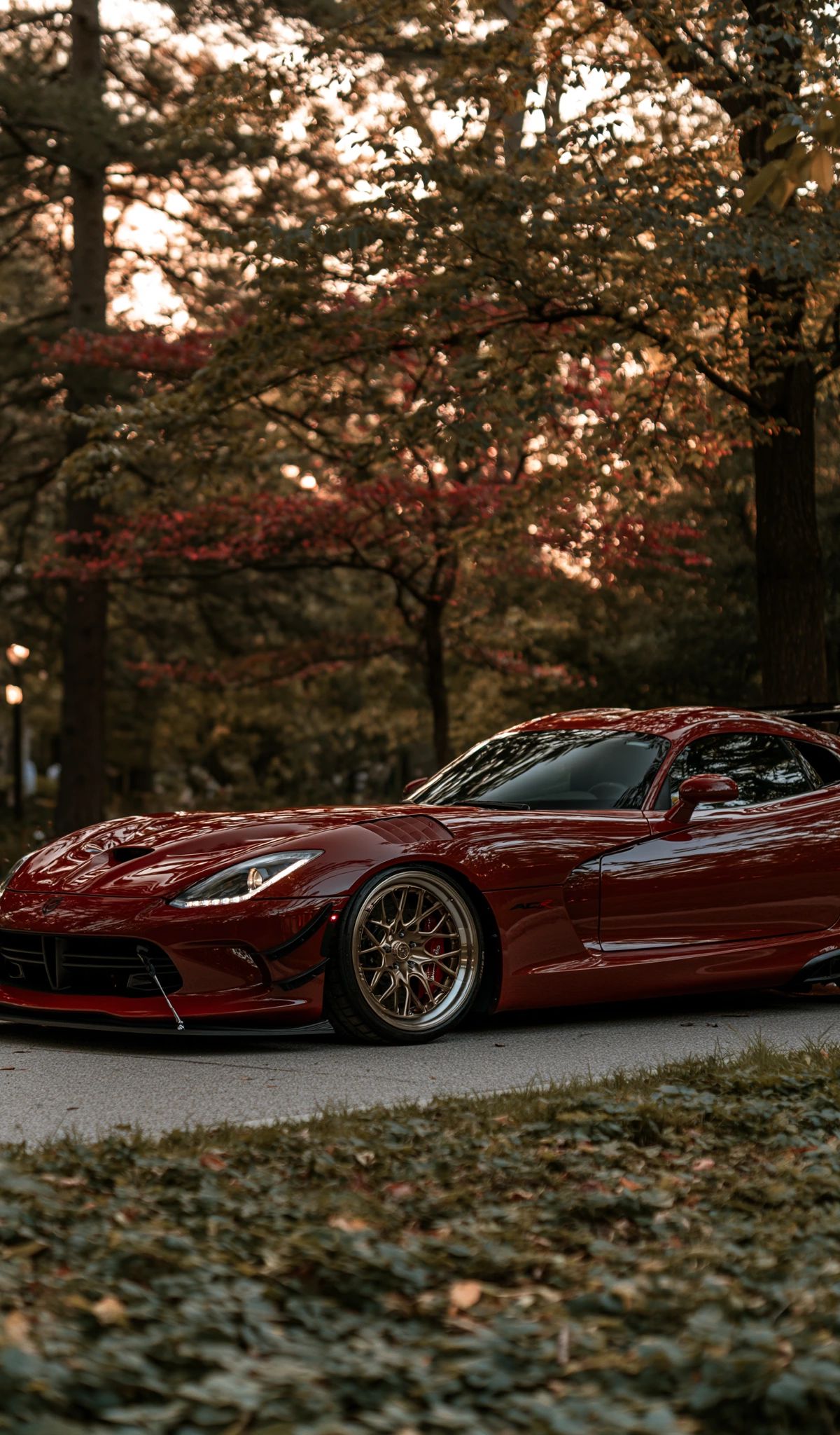A red Dodge Viper sports car parked on a road surrounded by autumn trees with golden and rust-colored leaves