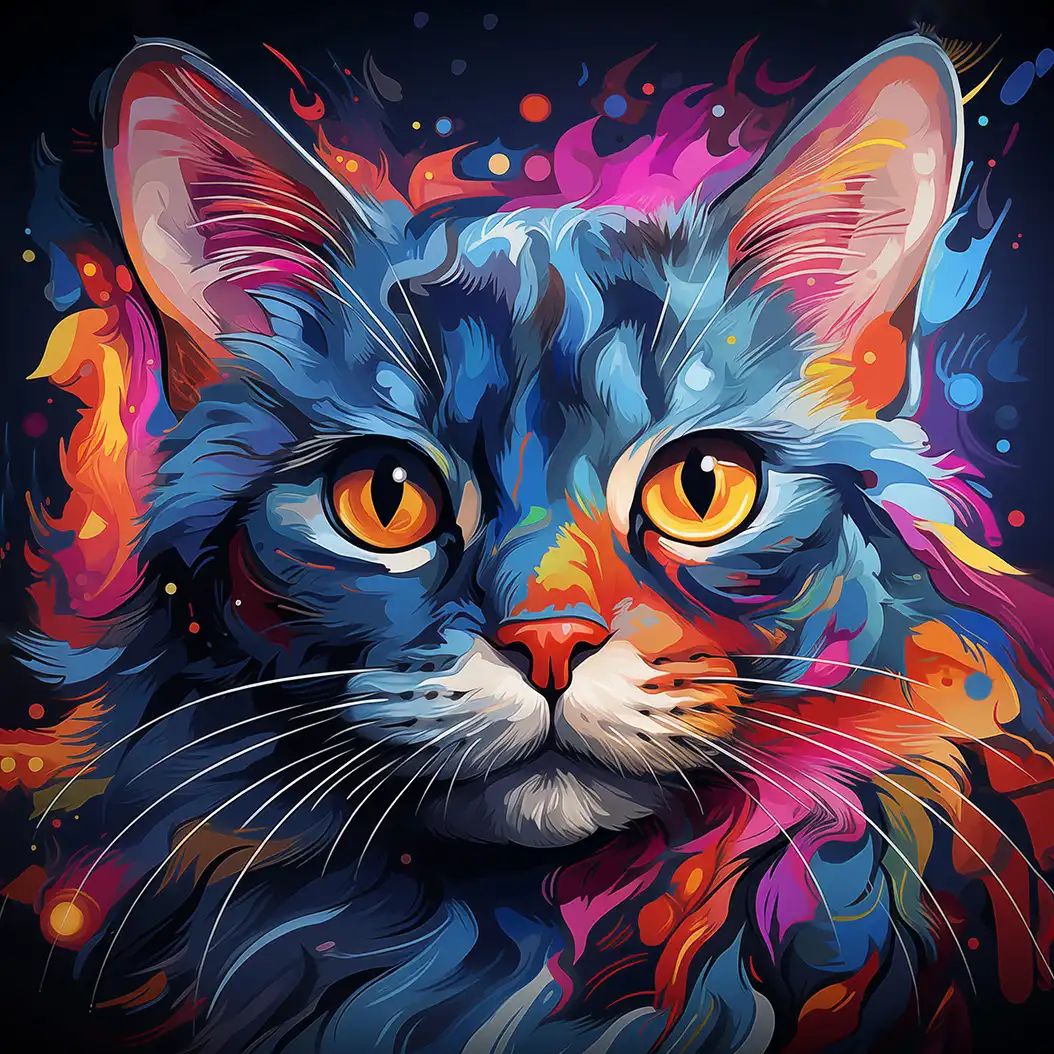 Digital illustration of a cat face in close-up with blue fur, orange eyes, and streaks of pink, orange and red paint-like color around it.