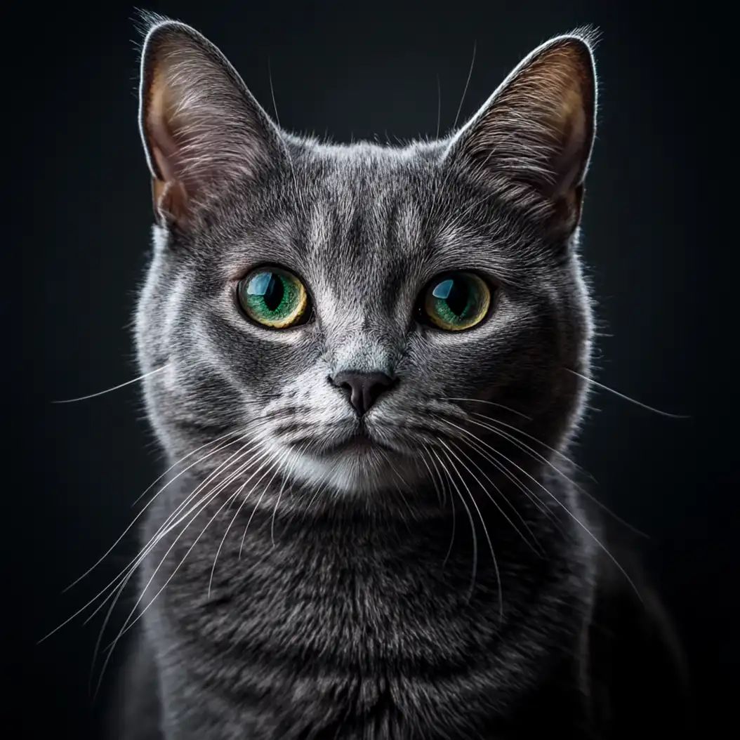 Elegant frontal portrait of a Russian Blue cat with glowing green eyes and dark background.