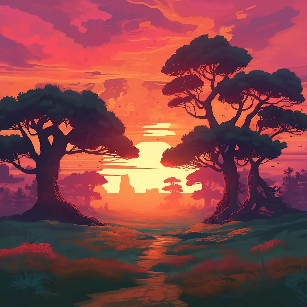 Illustration of silhouetted wide-canopy trees framing a glowing orange sunset with a path winding through grassy foreground.