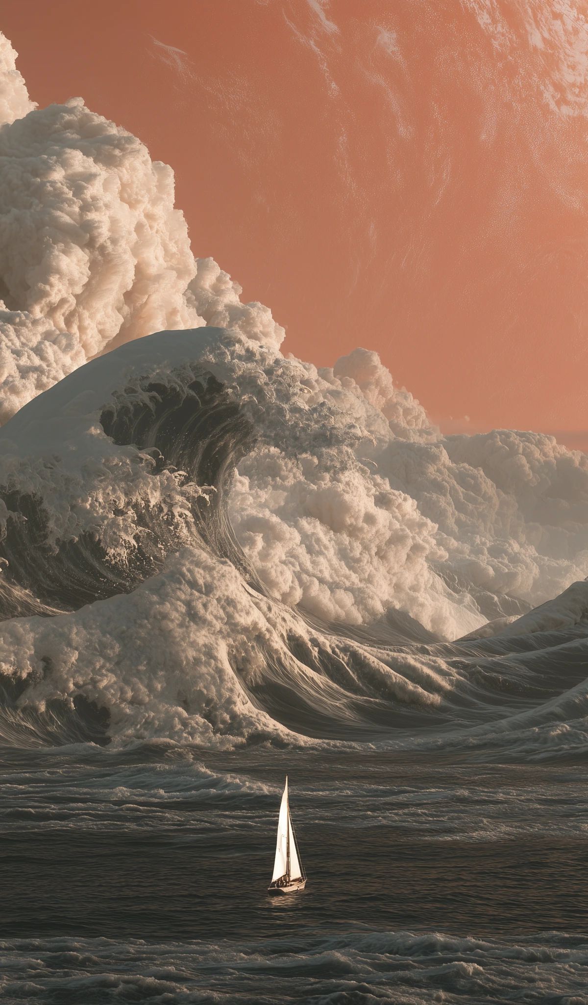 A small white sailboat on dark water faces enormous wave-like cloud formations and a giant planet in an orange sky
