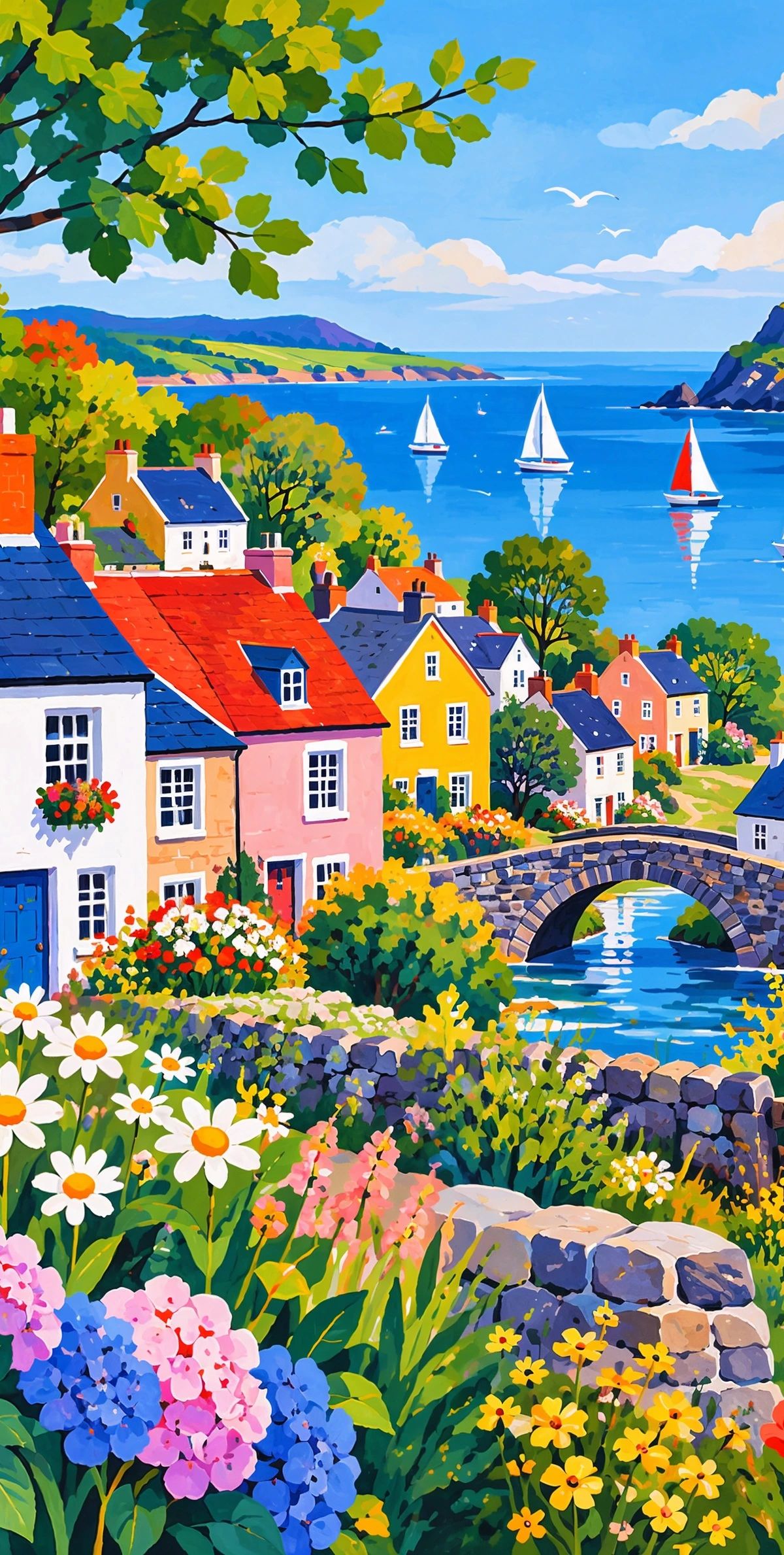 A charming coastal village with colorful cottages surrounded by flower gardens, a stone bridge, and white sailboats on a blue bay under a sunny sky