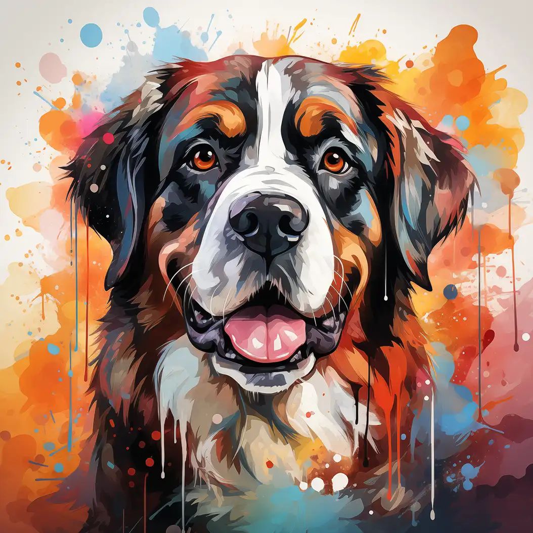 Illustrated close-up of a tricolor Bernese mountain dog style face with mouth open, surrounded by colorful paint splatter effects.