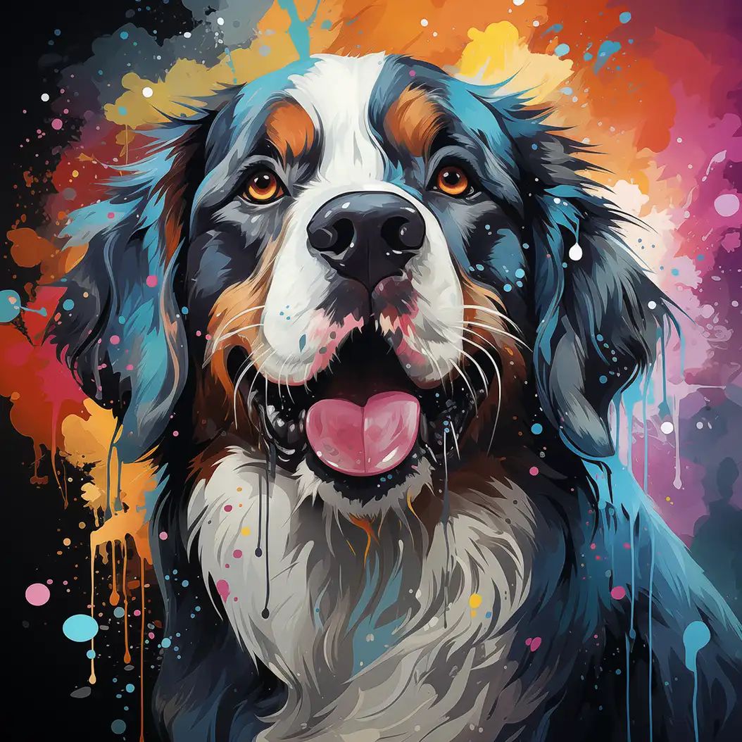 Illustrated tricolour dog with open mouth and tongue out, surrounded by colourful paint splatter background.