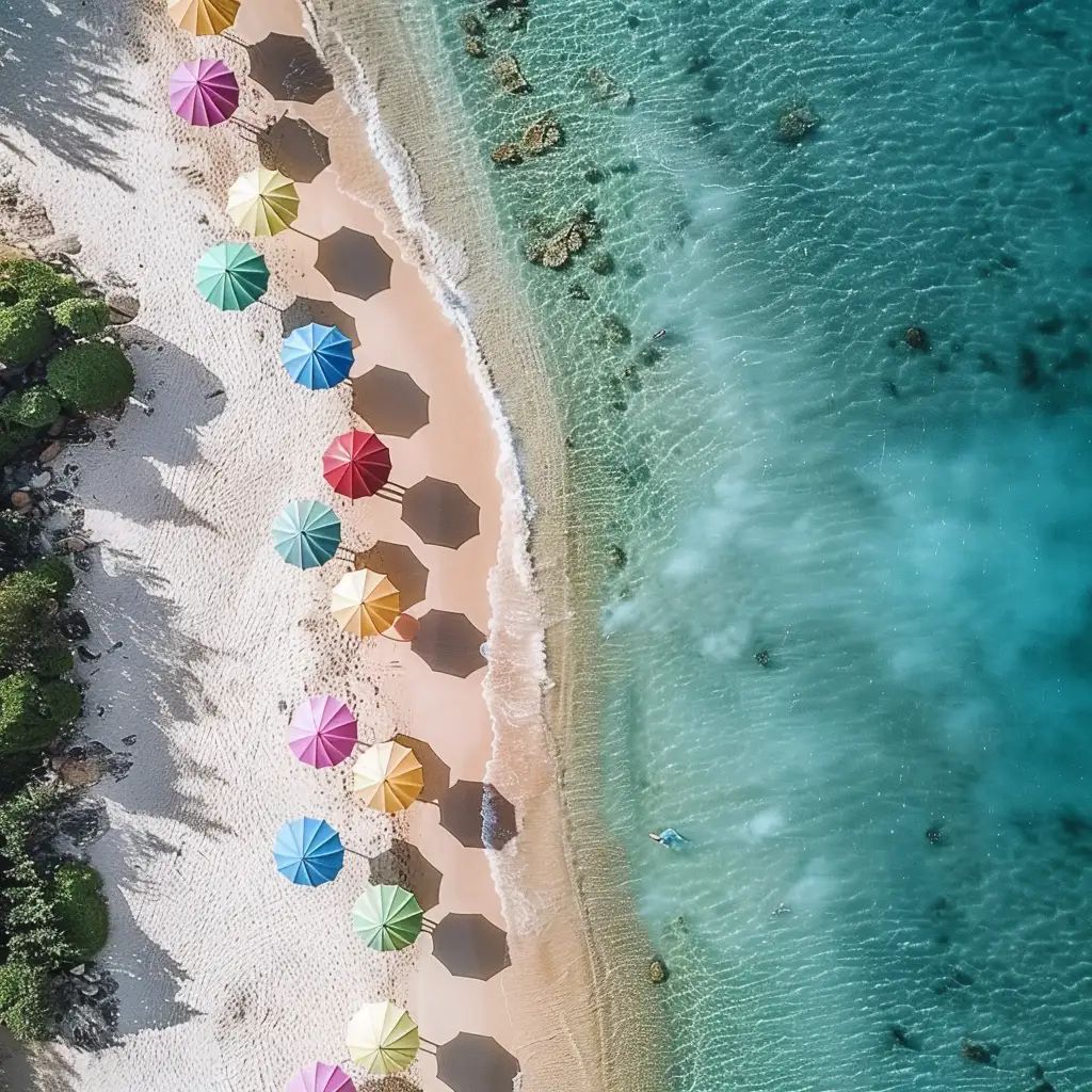 Aerial photo of a sandy beach with a row of multicoloured umbrellas beside turquoise ocean water and a swimmer near shore.