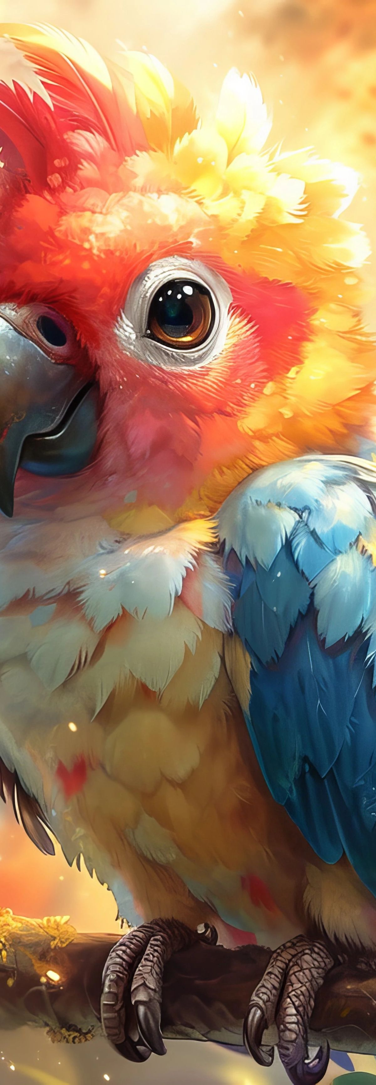 A colorful macaw with red, yellow, and blue feathers surrounded by pink and orange flowers in a sunlit garden setting
