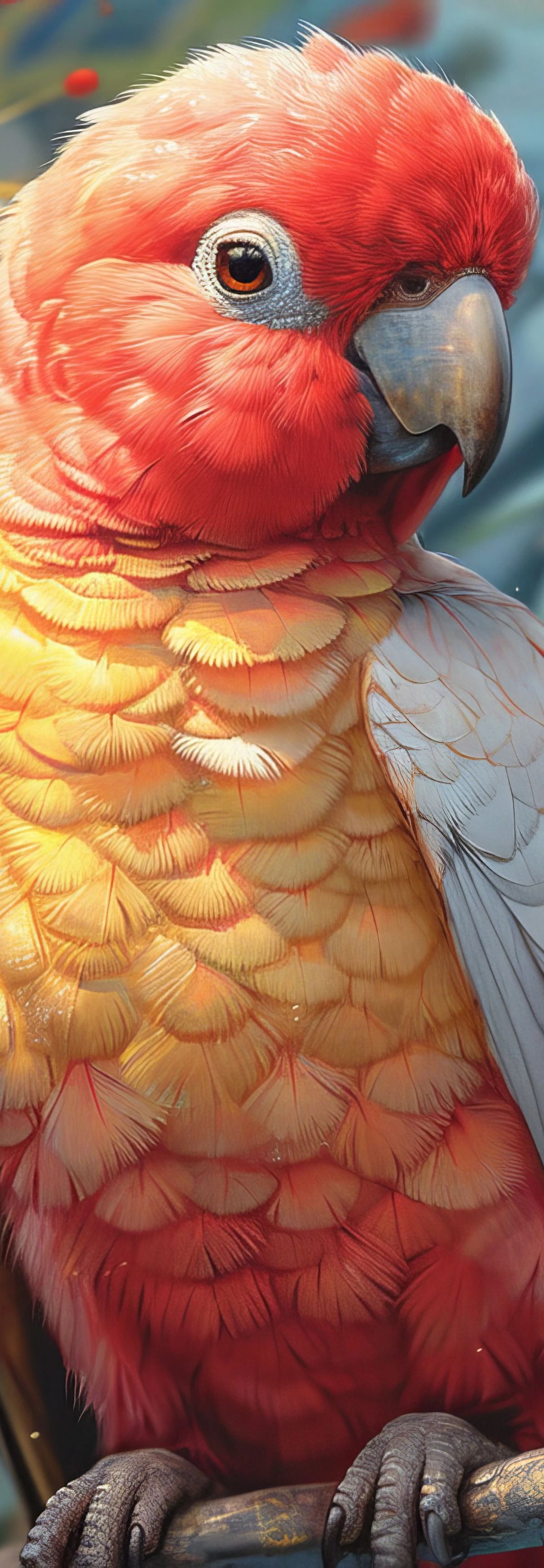 Digital illustration of a red and white parrot with detailed feathers, perched on a branch surrounded by orange and yellow flowers in a lush tropical setting