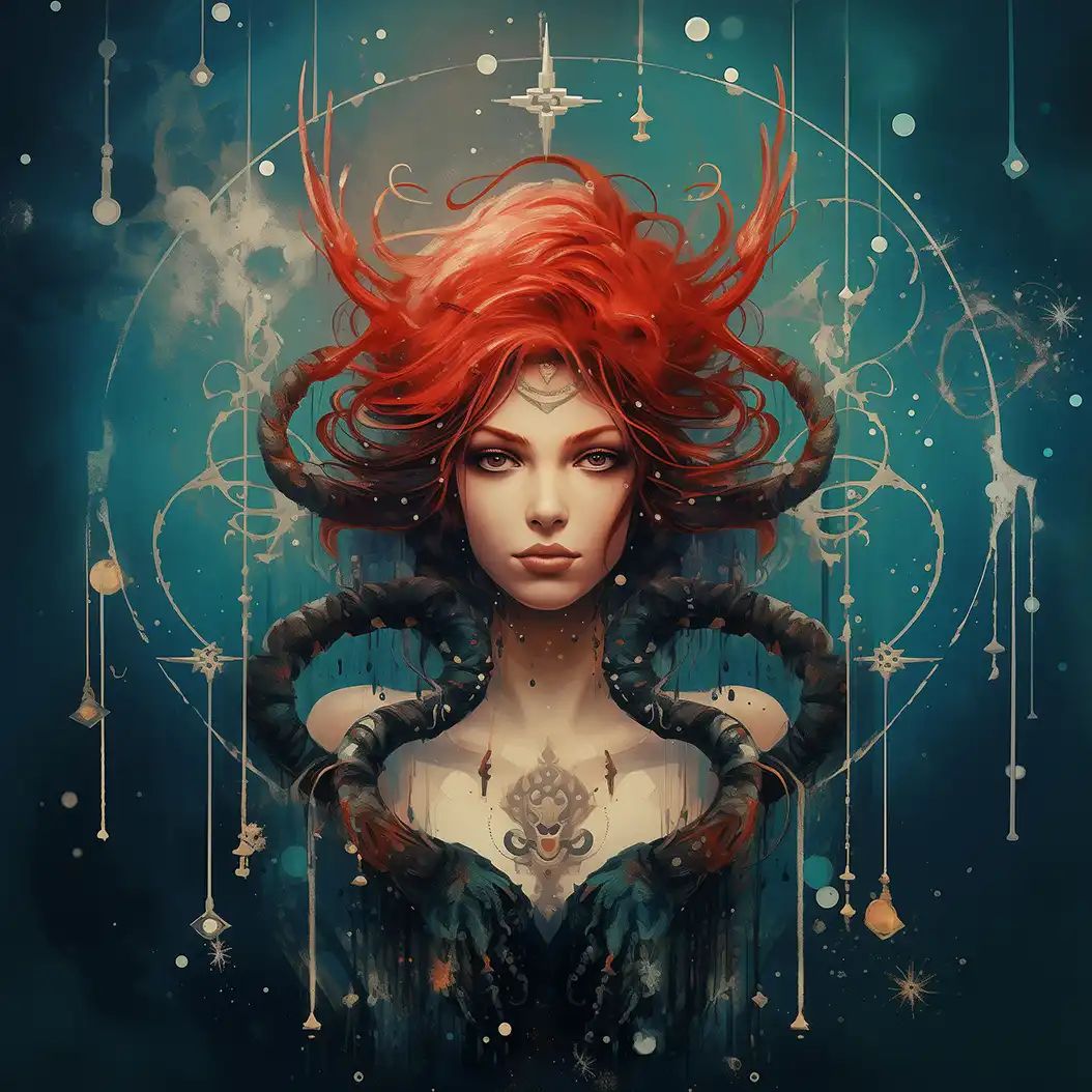 Mystical portrait of a Scorpio zodiac-inspired woman surrounded by glowing celestial symbols.