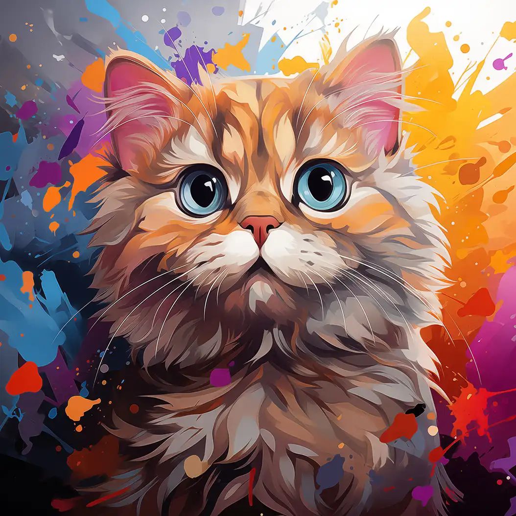 Illustrated orange fluffy cat with blue eyes against a colorful paint splatter background.