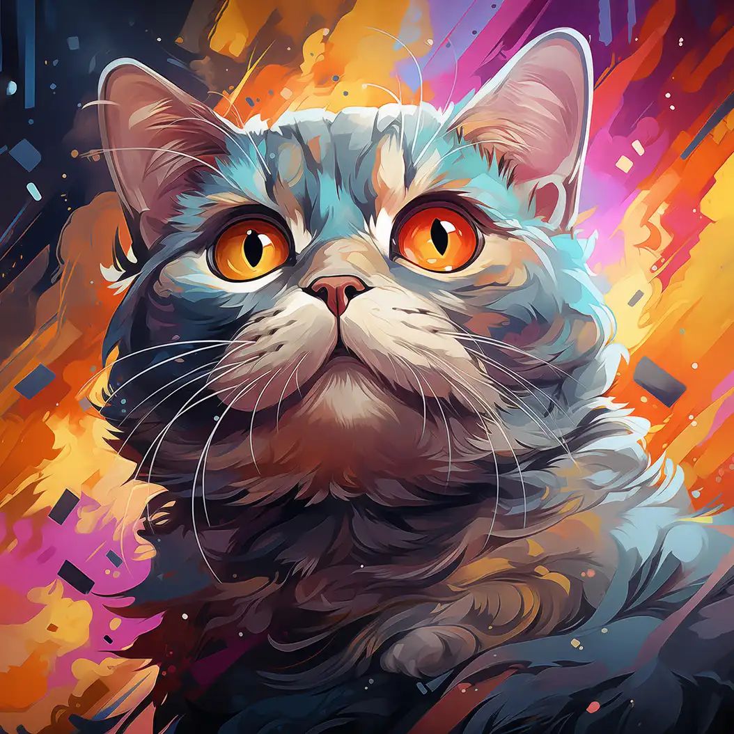 Illustrated close-up of a cat with orange eyes and long whiskers against a colorful abstract orange and pink background.