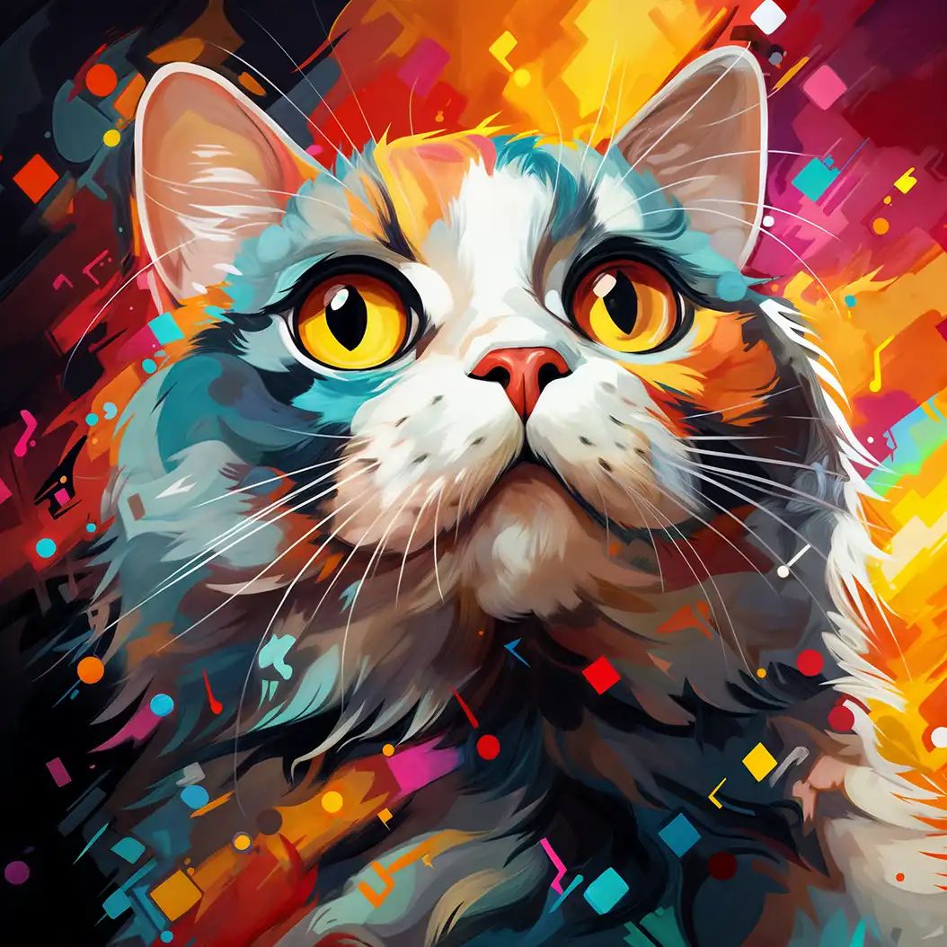 Colorful painted illustration of a cat's face with yellow eyes against an abstract red and orange geometric background.