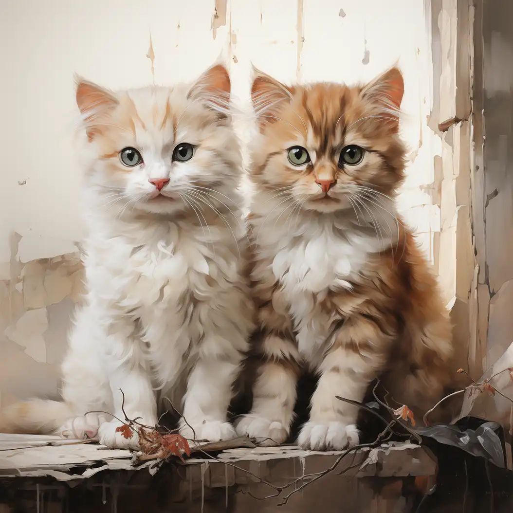 Two fluffy kittens with green eyes sit side by side on a weathered wooden ledge against a rustic backdrop.
