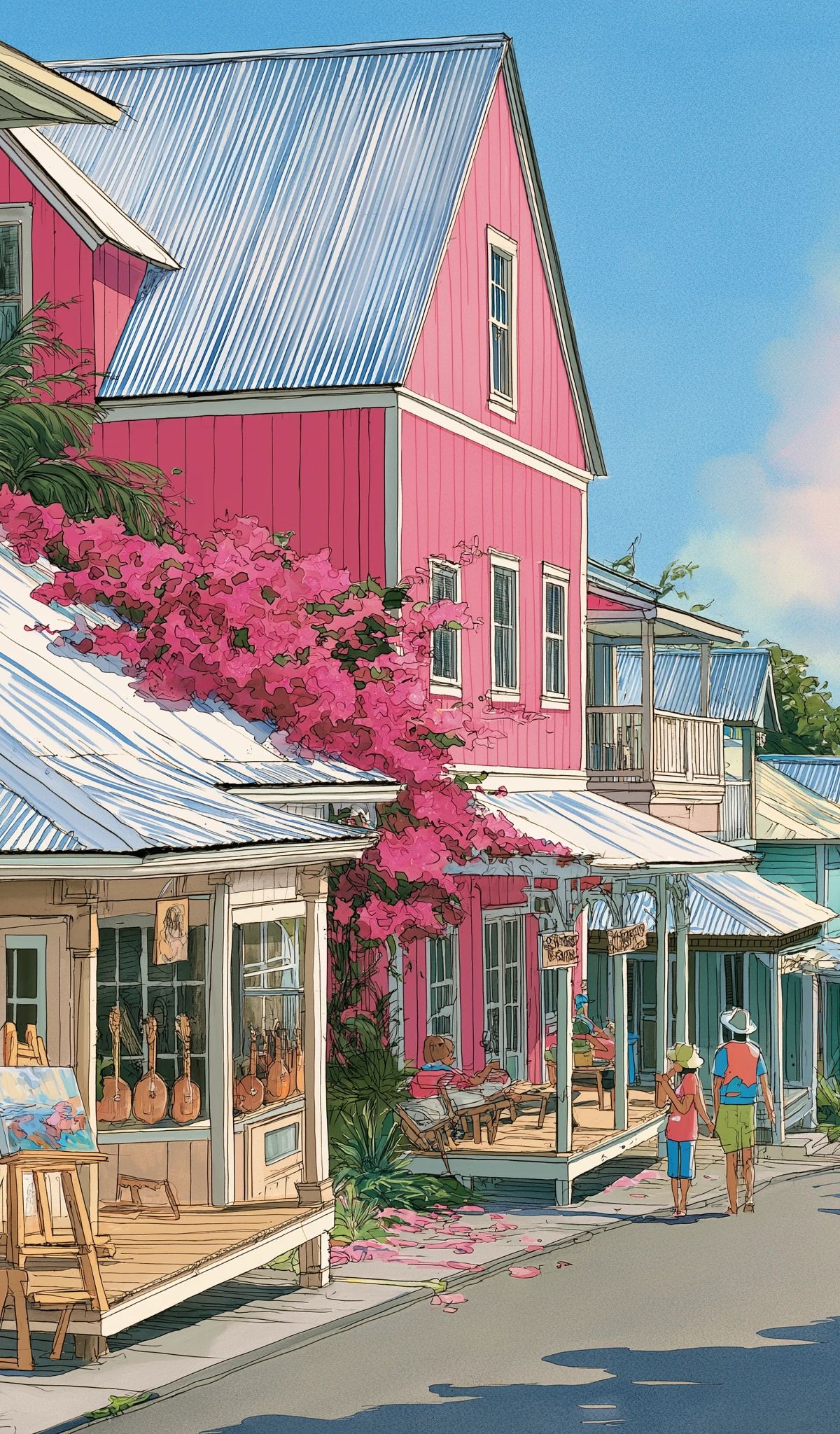 Illustration of a picturesque seaside village with green and pink cottages connected by wooden decks, abundant magenta flowering vines, and ocean views in the background