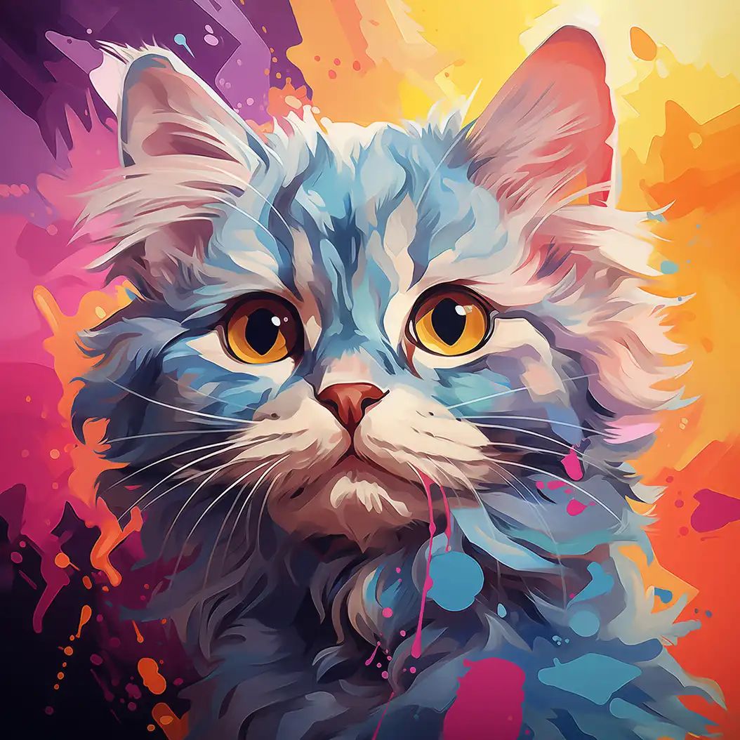 Illustrated close-up of a curly-haired cat with amber eyes set against a colorful abstract paint-splash background.