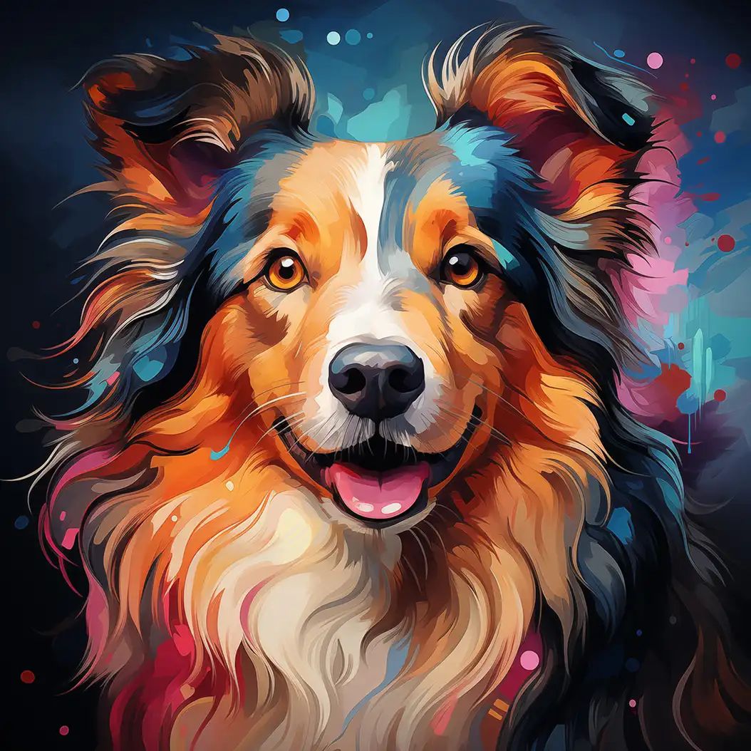Colorful digital painting of a Shetland Sheepdog face with orange, white and blue fur against a dark splattered background.