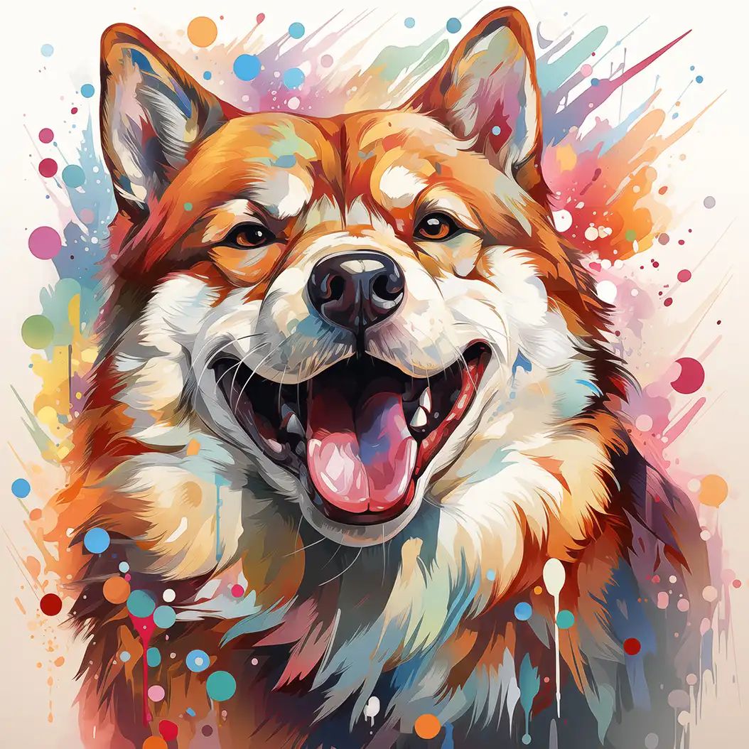 Digital illustration of a smiling Shiba Inu dog with open mouth and tongue out, surrounded by colourful paint splatters and drips.
