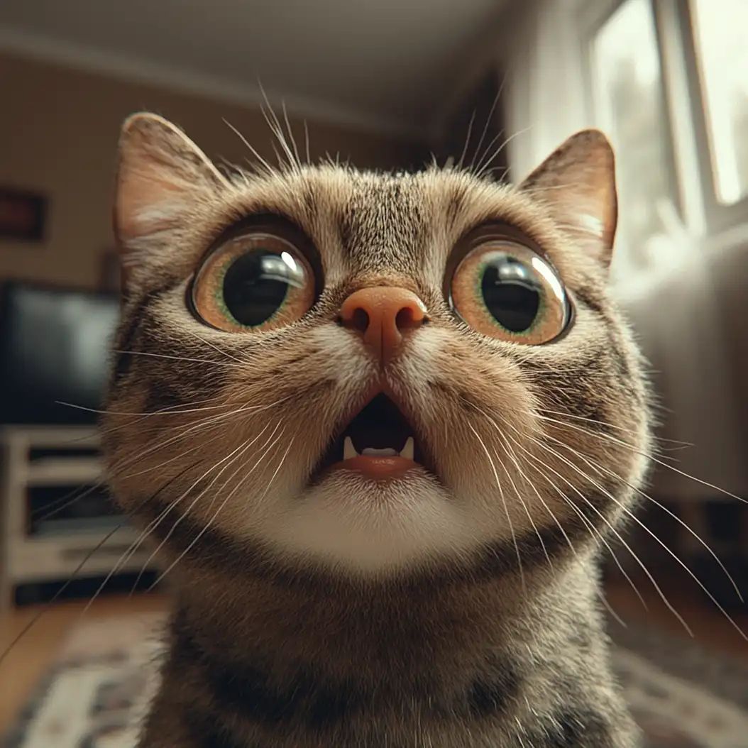 Realistic portrait of a shocked cat with huge expressive eyes and dramatic close-up perspective.