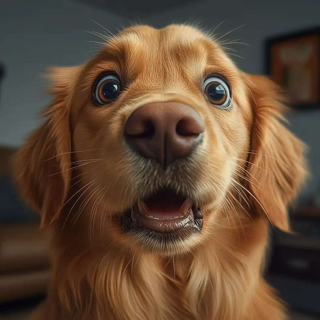 Photorealistic close-up of a surprised Golden Retriever dog with wide expressive eyes.
