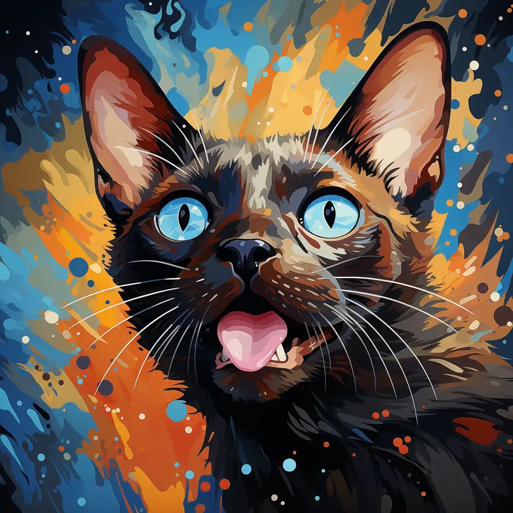 Illustrated close-up of a dark Siamese cat with blue eyes and open mouth against a splattered orange and blue abstract background.