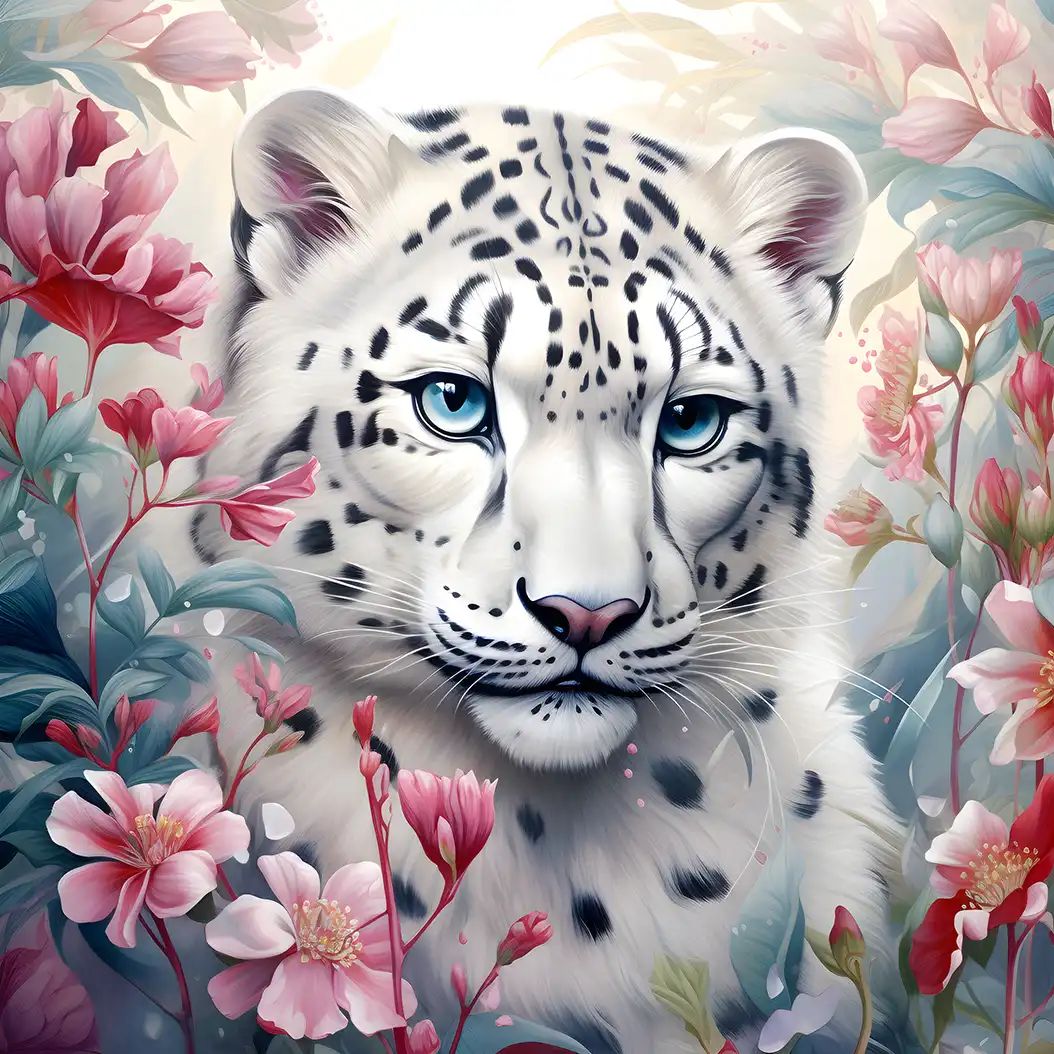 Elegant portrait of a white snow leopard surrounded by soft pink flowers in a dreamy fantasy style.