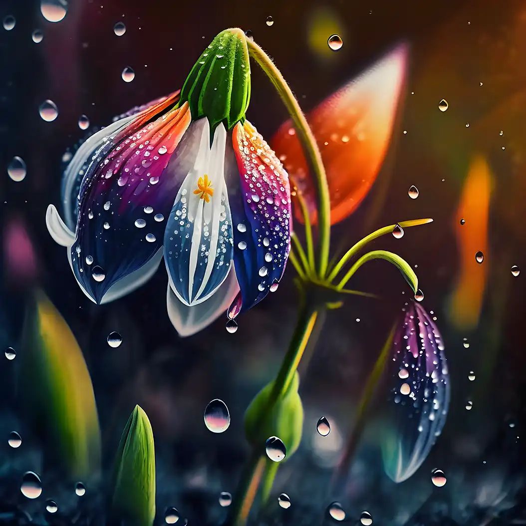 Vibrant snowdrop flower illustration with glowing dew drops and fantasy lighting.