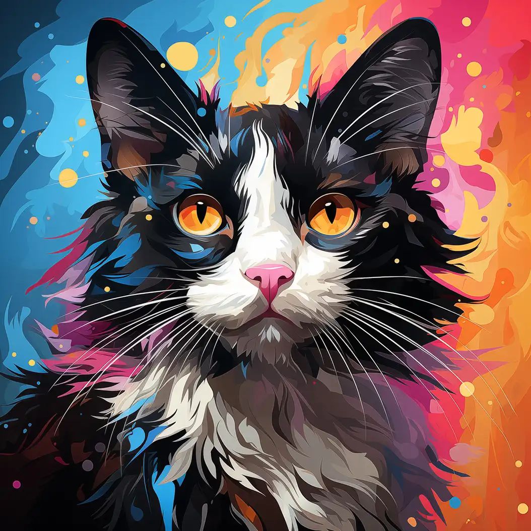 Stylized illustration of a black and white cat with orange eyes against a colorful abstract background of blue, pink, orange and yellow splashes.