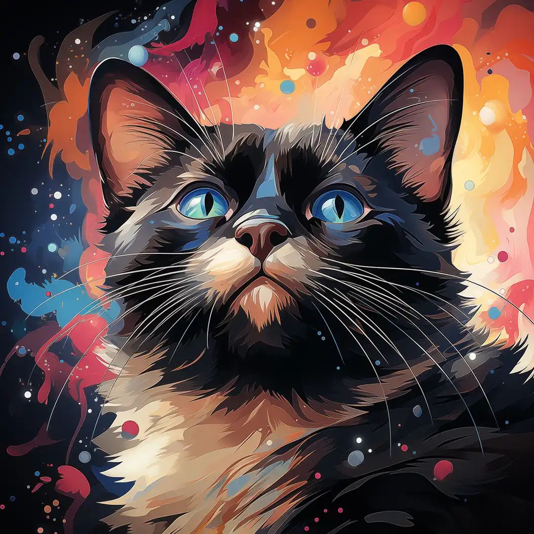 Illustrated close-up of a dark-faced cat with blue eyes against a colorful abstract background of orange, red and blue swirls and splattered dots.