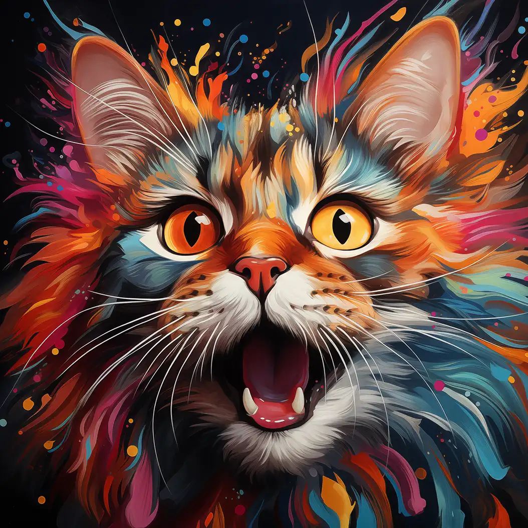 Illustrated close-up of a cat with its mouth open, fur painted in swirling orange, blue and pink colors on a black background.