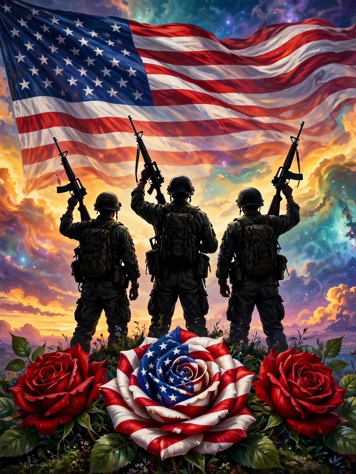 Four soldiers in military gear holding rifles aloft beneath a waving American flag, set against a vibrant cosmic background with golden and purple nebulae, with patriotic roses in the foreground