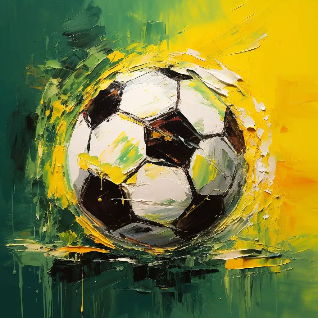 Painting of a black and white soccer ball with thick textured brushstrokes against a green and yellow abstract background.