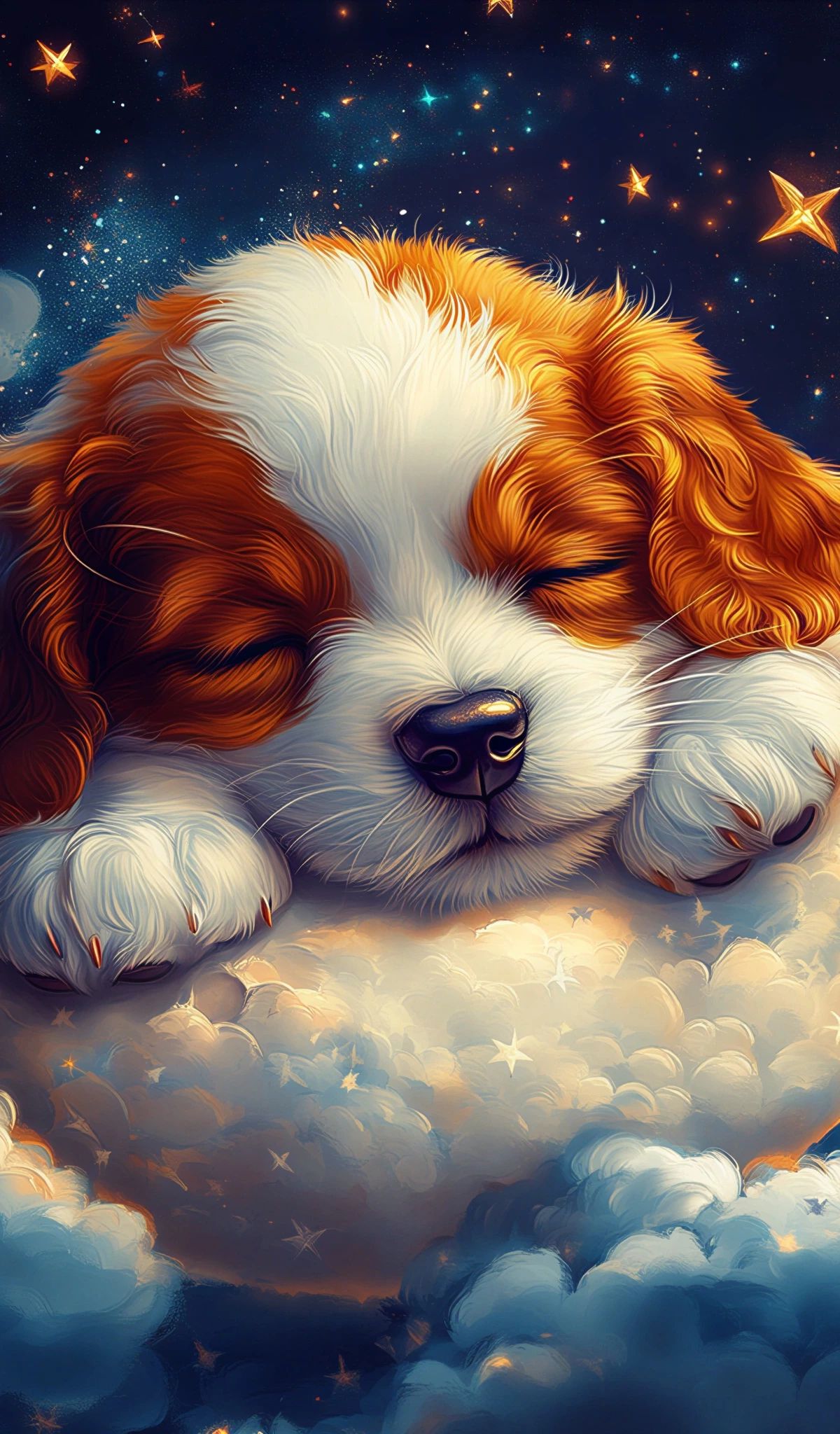 Illustration of a brown and white spaniel puppy sleeping on a crescent moon amid clouds and stars in a nighttime sky