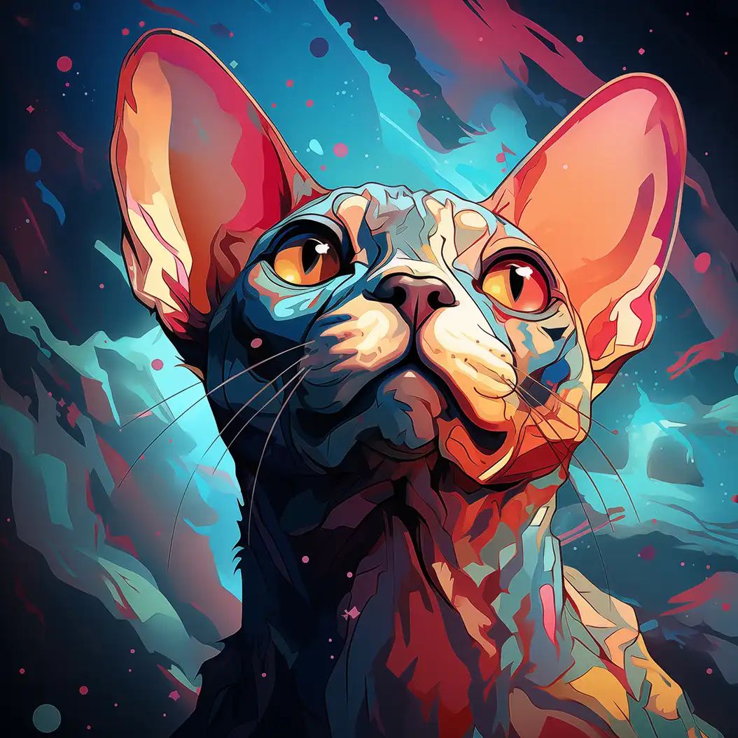 Digital illustration of a Sphynx cat with large ears and yellow eyes, rendered in bold red, blue, and teal abstract colors against a splattered background.